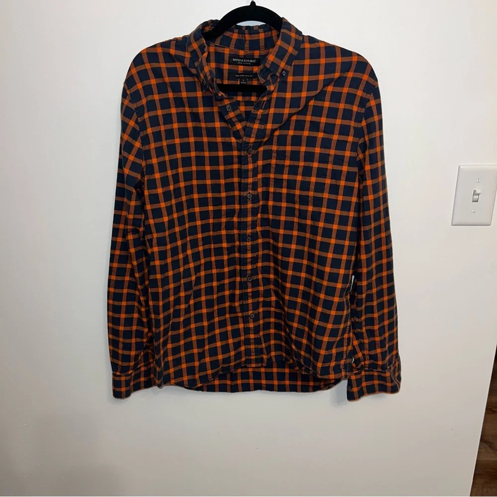 Banana Republic UNTUCKED SLIM-FIT FLANNEL SHIRT orange plaid size large